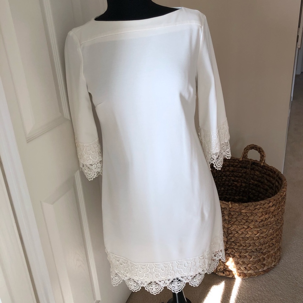 Eci NY winter white shift dress with lace details